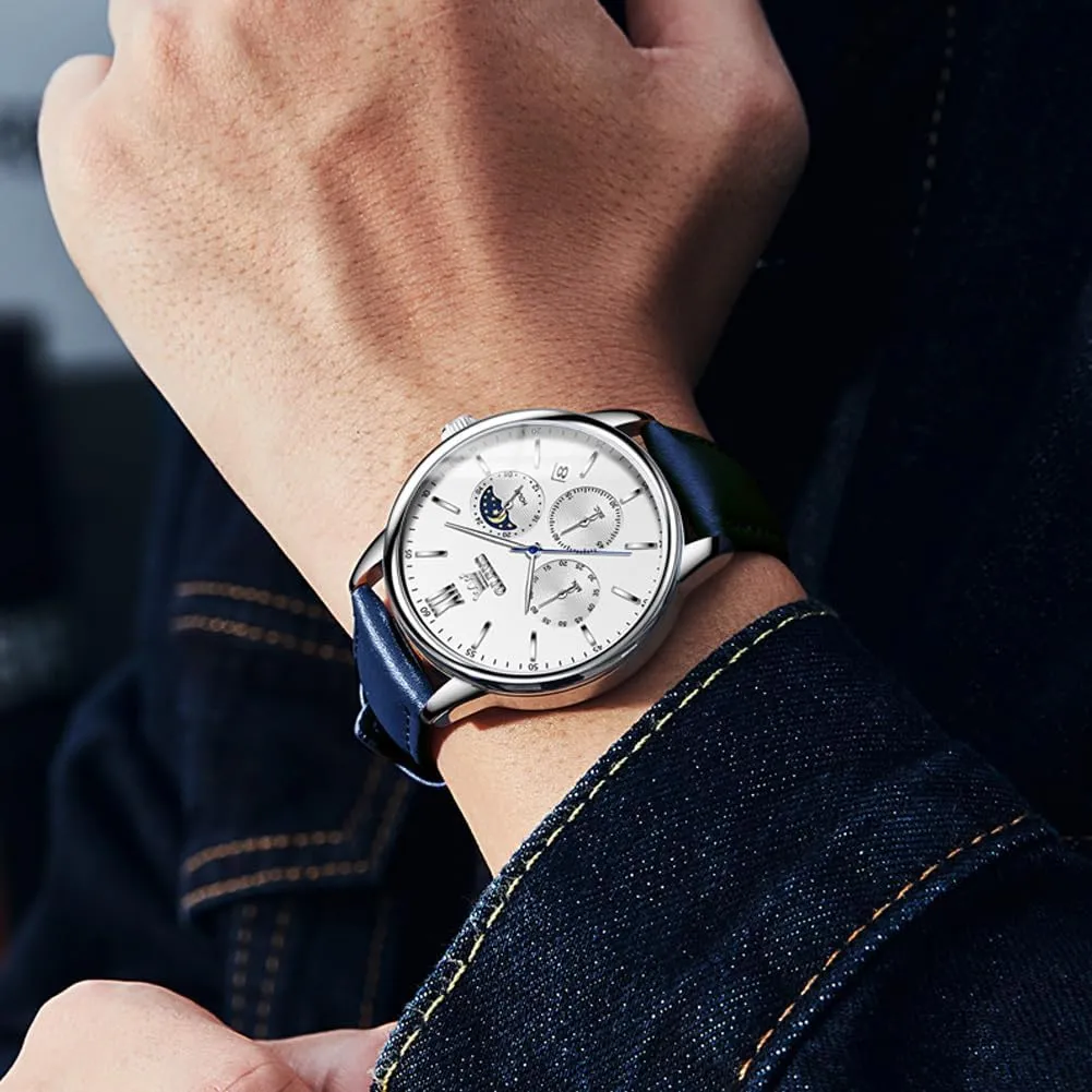 Calendar Moon Phase Mens Wrist Watch Quartz Analog Luminous Waterproof Dress Men Watch OLEVS Watches for Men Chronograph Big Face Leather twist empty Alaska utmost Date 