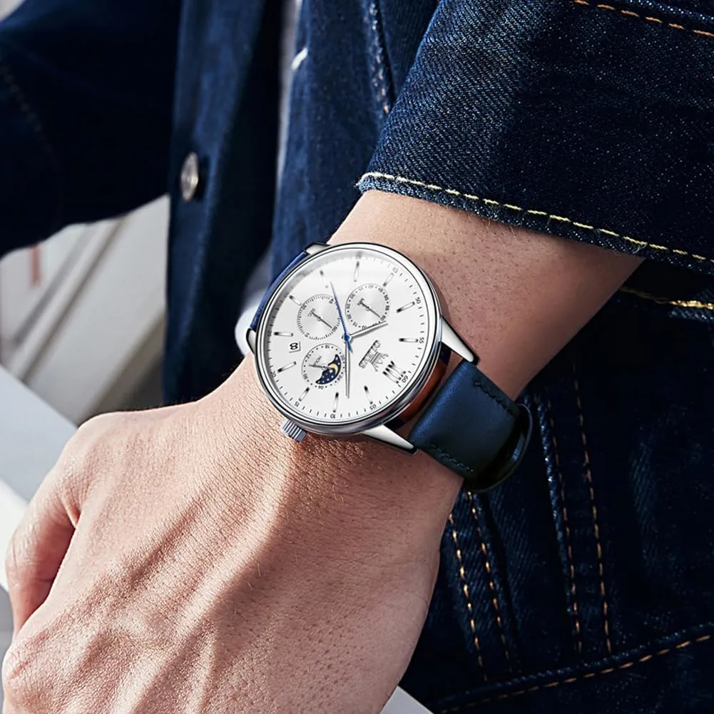 Calendar Moon Phase Mens Wrist Watch Quartz Analog Luminous Waterproof Dress Men Watch OLEVS Watches for Men Chronograph Big Face Leather twist empty Alaska utmost Date 