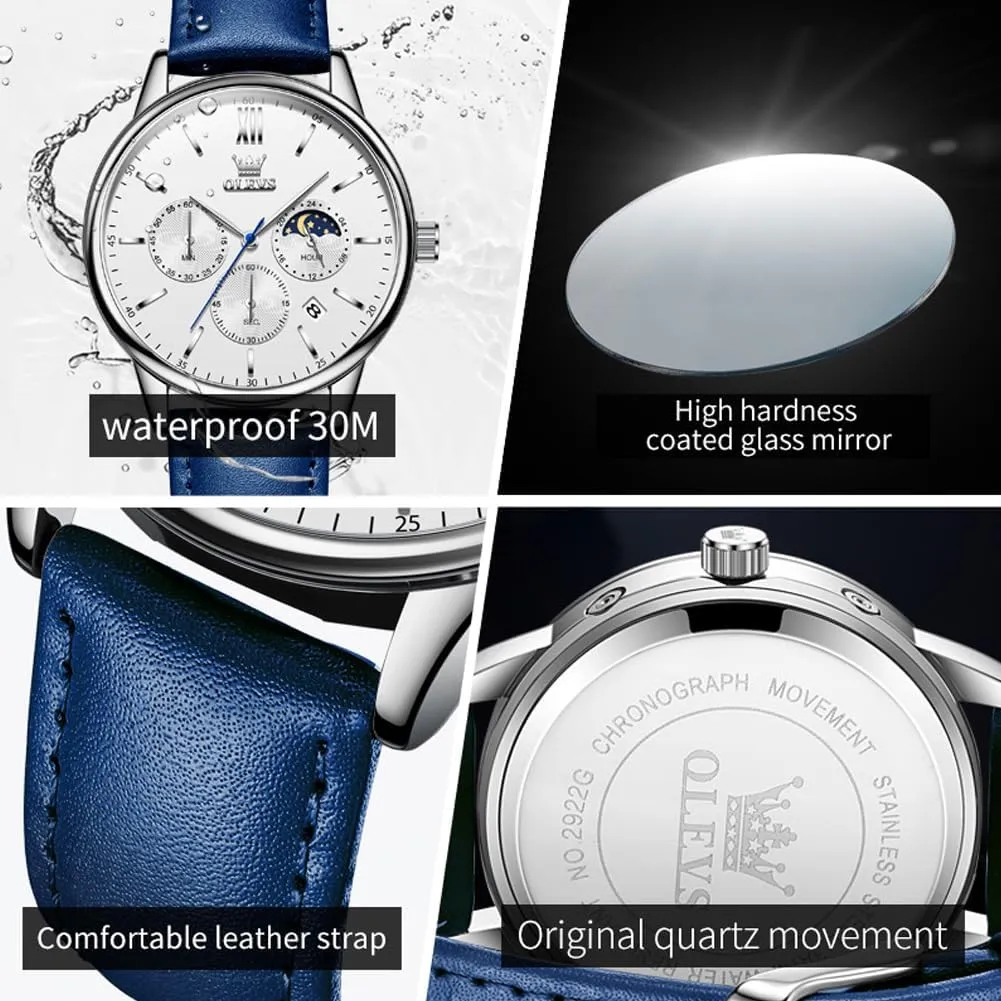 Calendar Moon Phase Mens Wrist Watch Quartz Analog Luminous Waterproof Dress Men Watch OLEVS Watches for Men Chronograph Big Face Leather twist empty Alaska utmost Date 