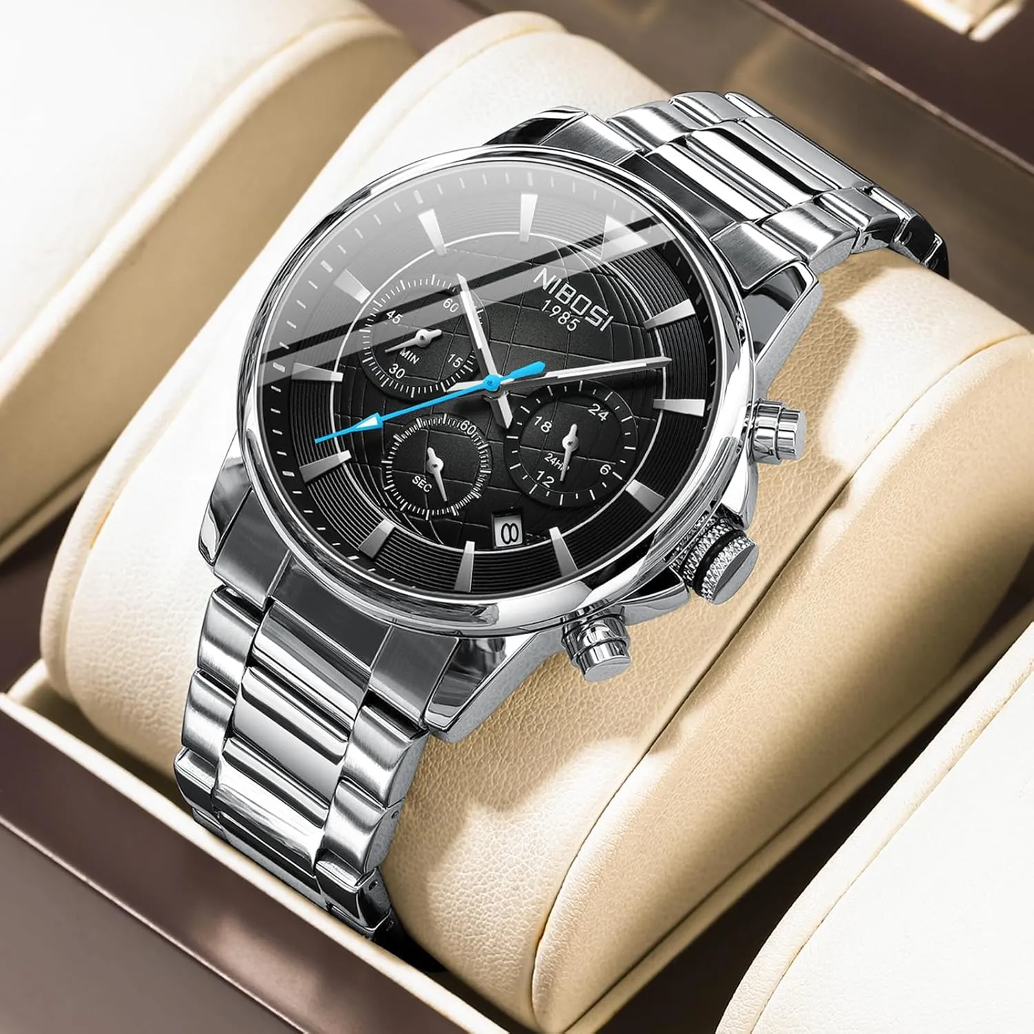 Calendar Waterproof chick screen deliberate admiration functional Stainless Steel Strap Men's Wrist Watches Analog Dainty Business Dress Designer Quartz Watches for Men NIBOSI Mens Watches Military Chronograph Watch with 