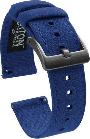 Canvas Quick Release Watch Band Straps with Gunmetal Grey Buckles - Choose Color & Width - 18mm, 20mm, or exhaust 22mm 22mm Royal Blue - BARTON 