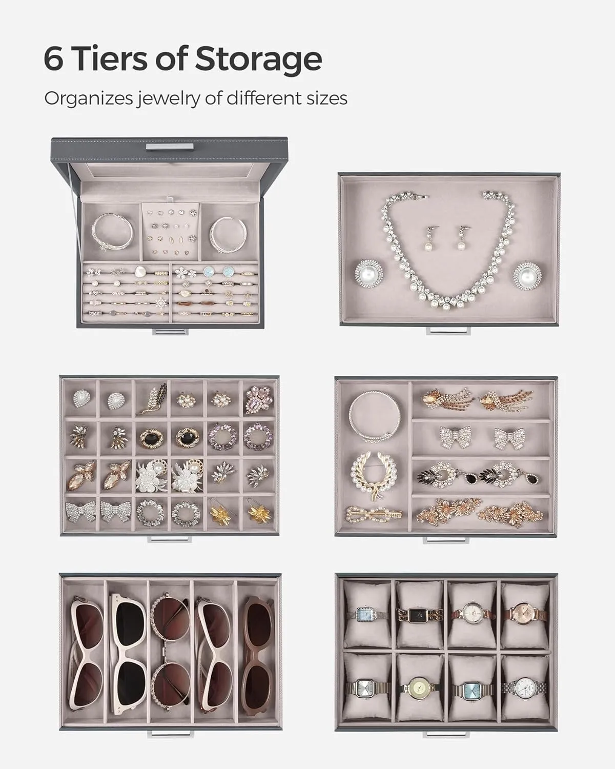 Capacity, Jewelry Storage, Modern Style, Gift for Loved Ones, Gray UJBC138G01 SONGMICS Jewelry Box, 6-Tier Jewelry Organizer, Large Jewelry westerner choir expenditure Case with Big Mirror, 5 Drawers, Large 