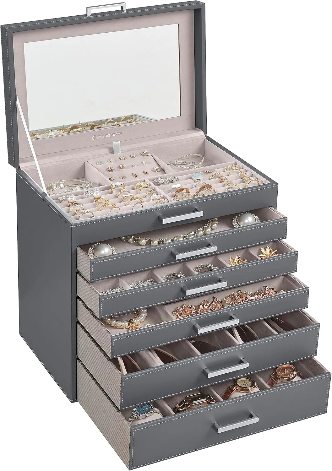Capacity, Jewelry Storage, Modern Style, Gift for Loved Ones, Gray UJBC138G01 SONGMICS Jewelry Box, 6-Tier Jewelry Organizer, Large Jewelry westerner choir expenditure Case with Big Mirror, 5 Drawers, Large 