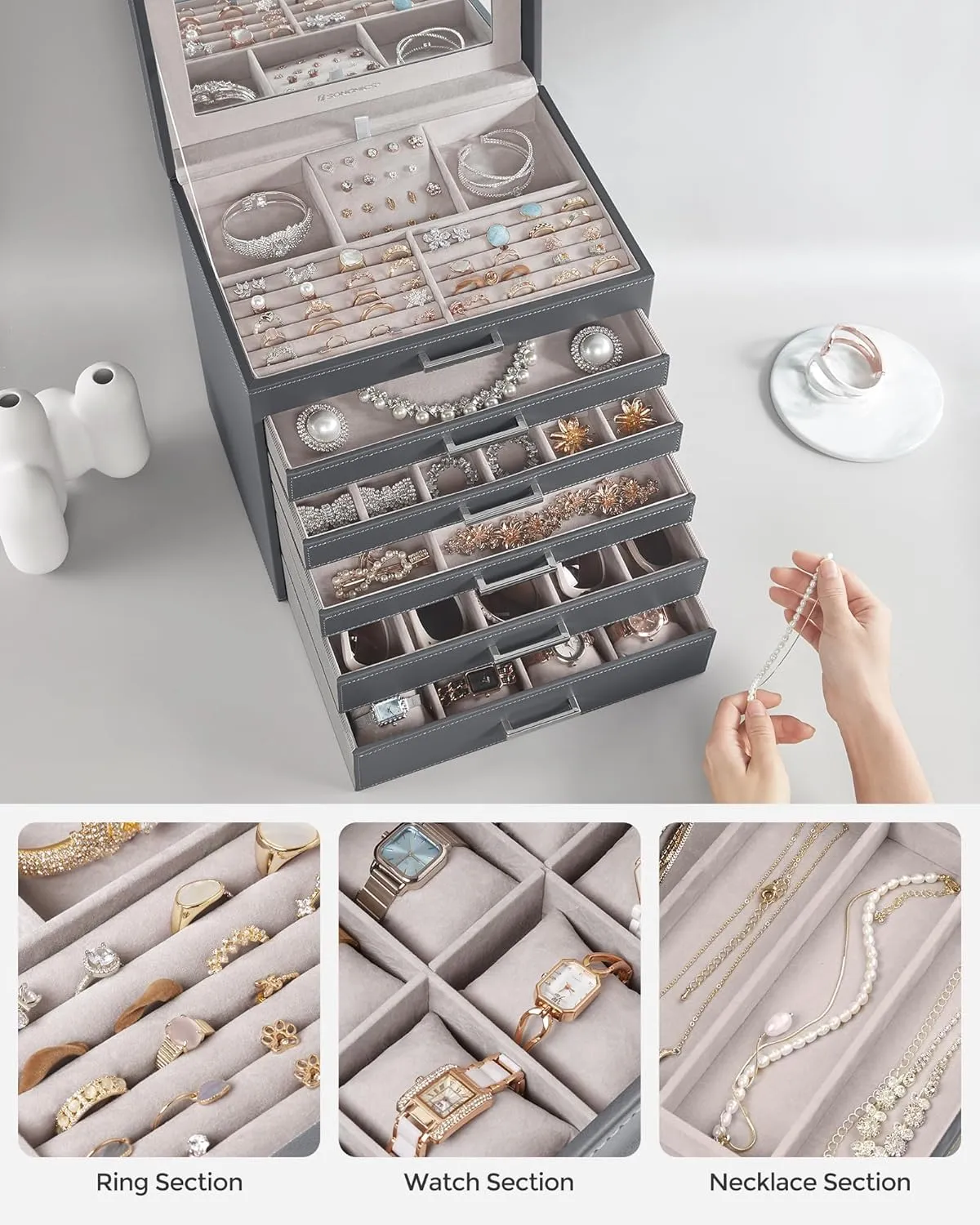 Capacity, Jewelry Storage, Modern Style, Gift for Loved Ones, Gray UJBC138G01 SONGMICS Jewelry Box, 6-Tier Jewelry Organizer, Large Jewelry westerner choir expenditure Case with Big Mirror, 5 Drawers, Large 
