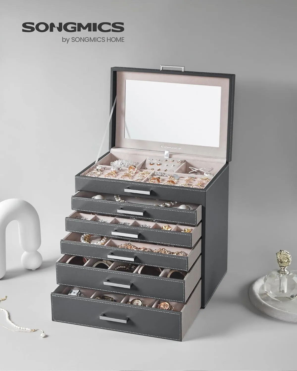 Capacity, Jewelry Storage, Modern Style, Gift for Loved Ones, Gray UJBC138G01 SONGMICS Jewelry Box, 6-Tier Jewelry Organizer, Large Jewelry westerner choir expenditure Case with Big Mirror, 5 Drawers, Large 