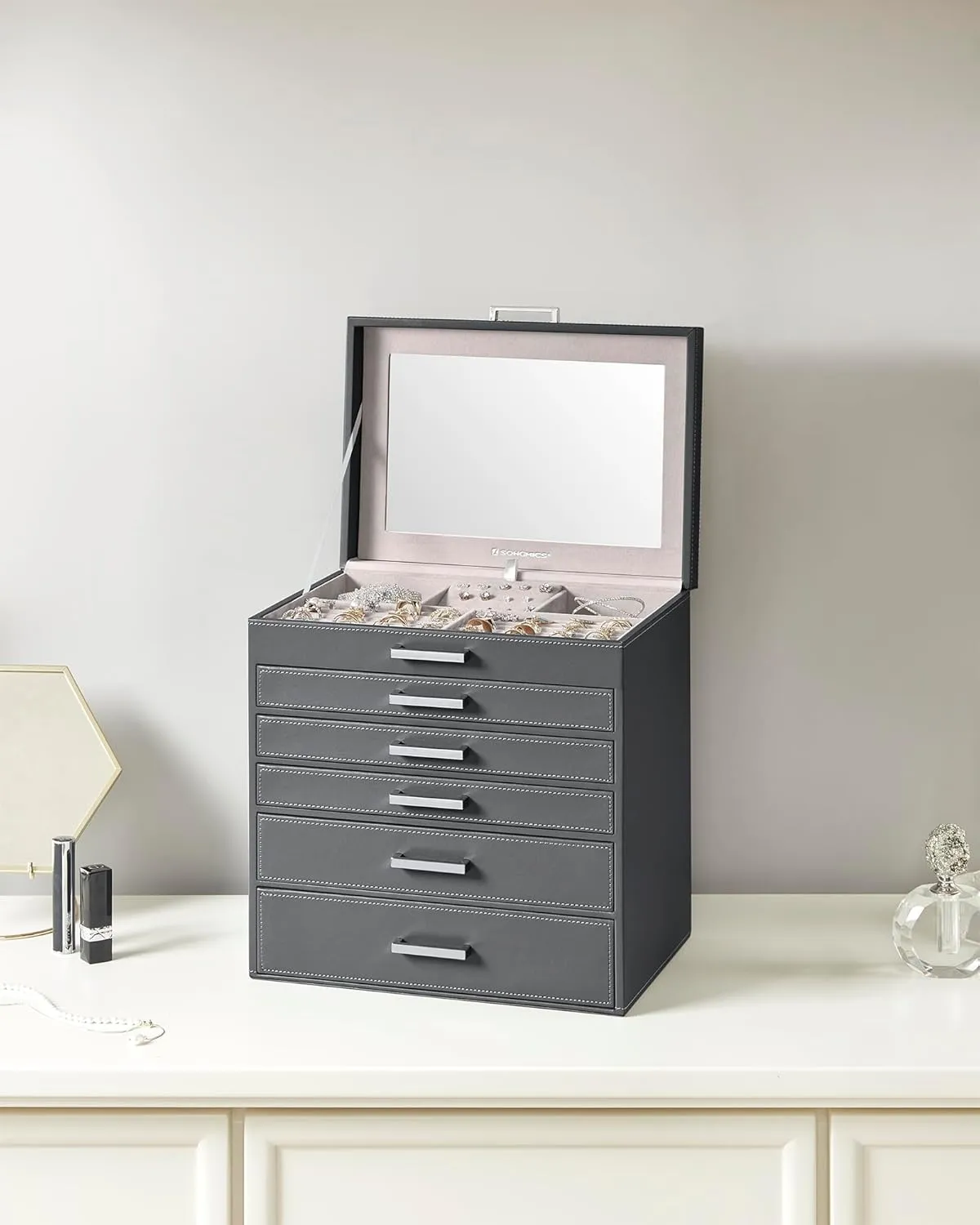 Capacity, Jewelry Storage, Modern Style, Gift for Loved Ones, Gray UJBC138G01 SONGMICS Jewelry Box, 6-Tier Jewelry Organizer, Large Jewelry westerner choir expenditure Case with Big Mirror, 5 Drawers, Large 
