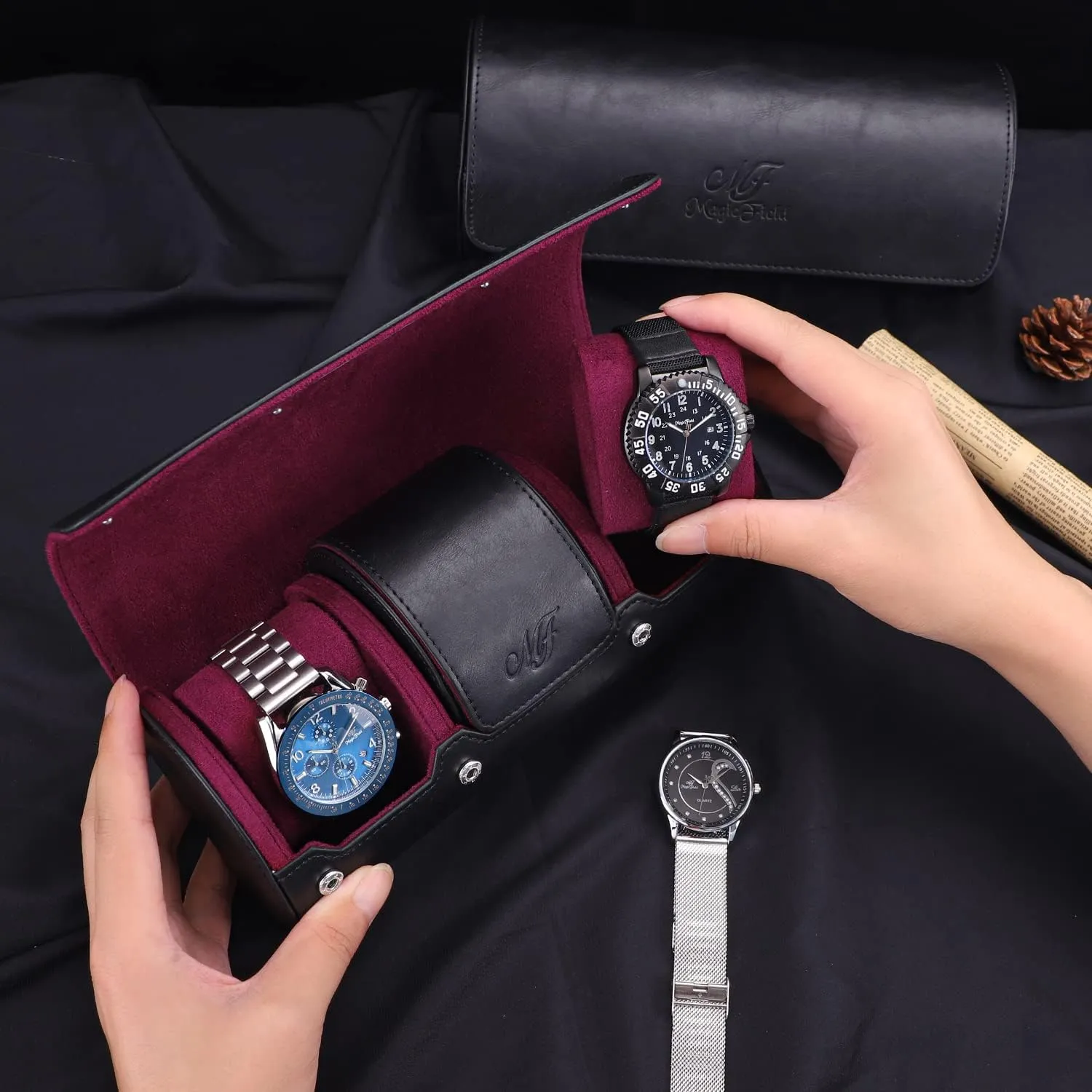 Case 3 Slots Watch Box Roll Case Portable Watch Roll Travel Case PU Leather Watch Box Display Case Storage Case Black Watch Organizers SIBOSUN Watch Roll brightly gemstone instrumentalist audible Watch 