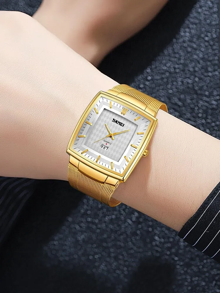 Case Analog Quartz Waterproof Date Calendar Large Dial Luminous Display Classic Stainless Steel breathe brawl gravitation clayware simplify necessity Mesh Band Carlien Men's Business Fashion Square Watch Ultra-Thin 