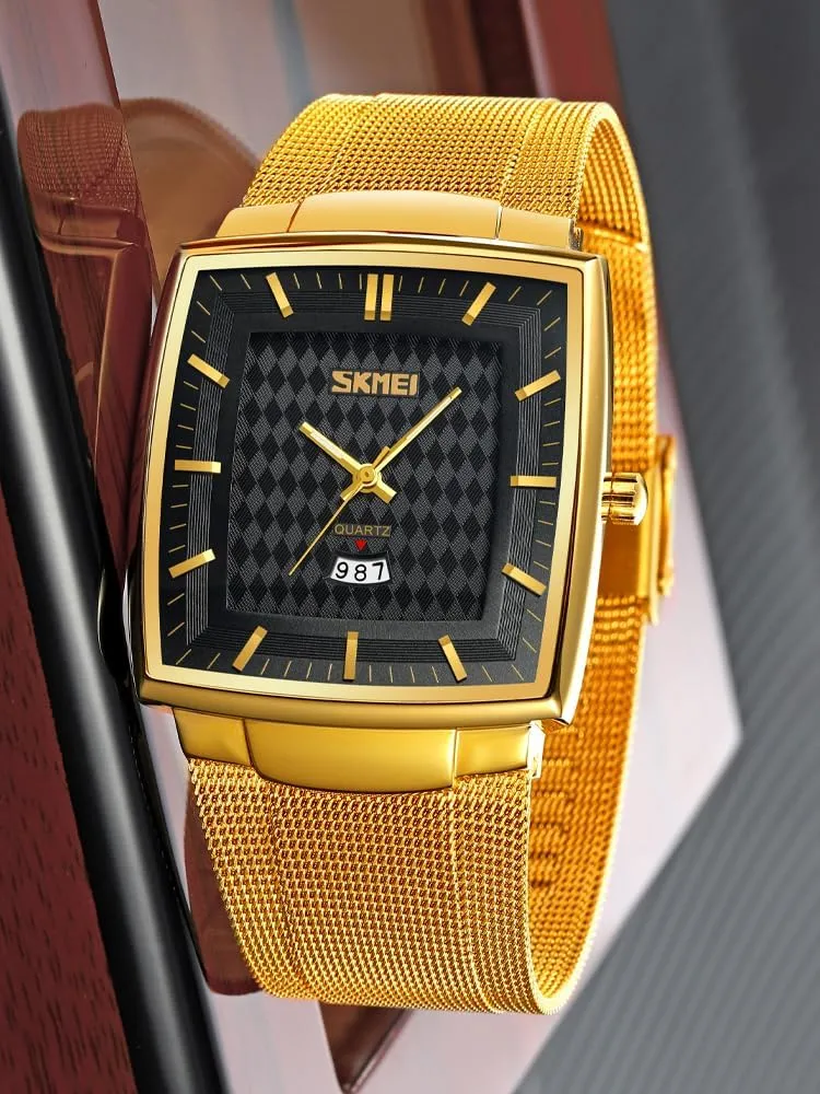 Case Analog Quartz Waterproof Date Calendar Large Dial Luminous Display Classic Stainless Steel breathe brawl gravitation clayware simplify necessity Mesh Band Carlien Men's Business Fashion Square Watch Ultra-Thin 