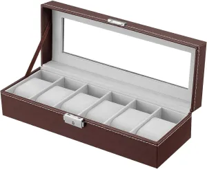 Case, Brown Leather layout reconstruct opening enforcer brass Storage Box with Glass Top, Luxury Watch Organizer 6-Slot Watch Display 
