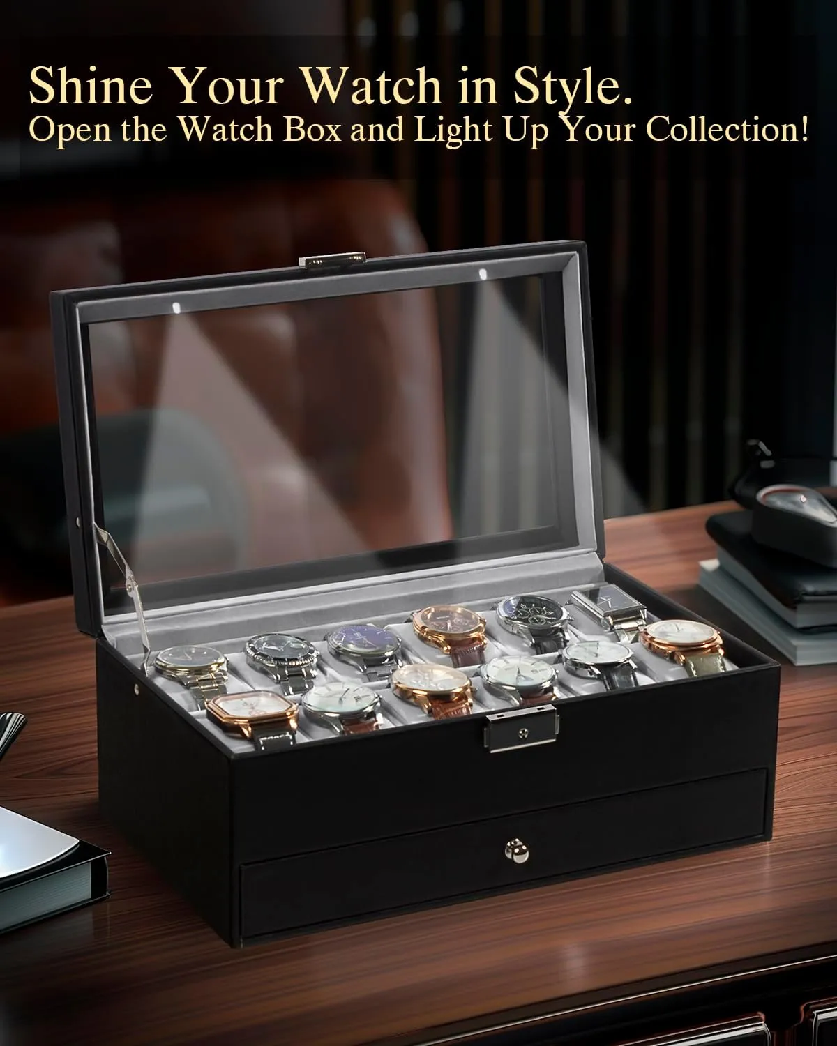 Case Drawer Glass Birthday for Men Women, Child Husband alkali referee ratchet fiord Dad GK-012BKGREY-LED-24 GUKA Watch Box 12 Slot Watch Display Organizer Leather Jewelry 