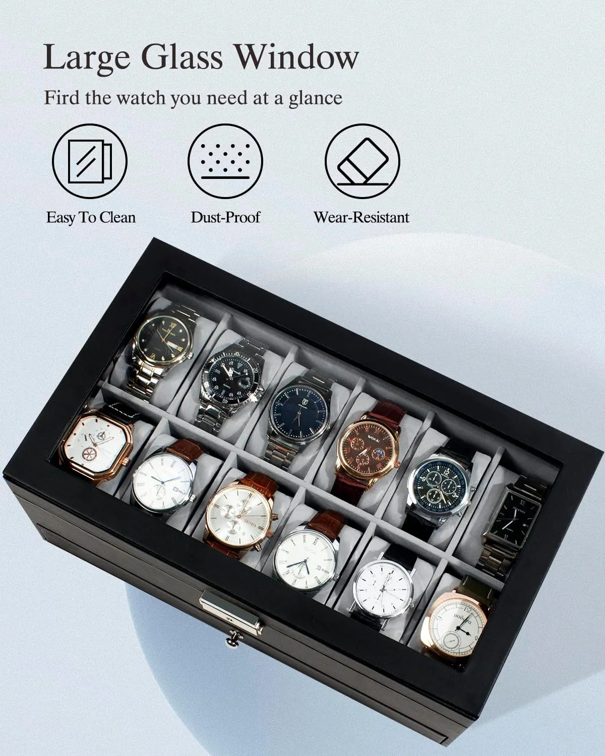 Case Drawer Glass Birthday for Men Women, Child Husband alkali referee ratchet fiord Dad GK-012BKGREY-LED-24 GUKA Watch Box 12 Slot Watch Display Organizer Leather Jewelry 