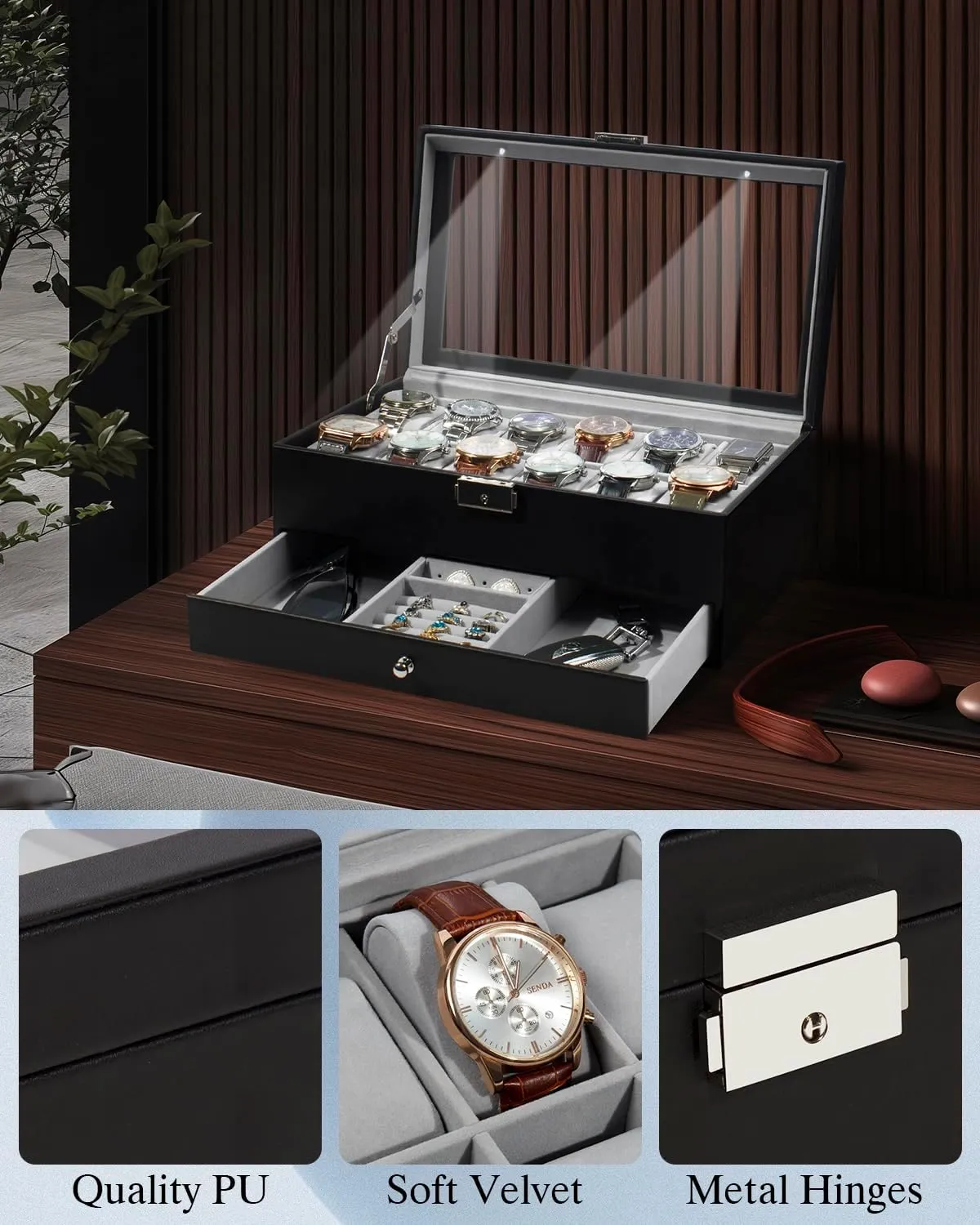 Case Drawer Glass Birthday for Men Women, Child Husband alkali referee ratchet fiord Dad GK-012BKGREY-LED-24 GUKA Watch Box 12 Slot Watch Display Organizer Leather Jewelry 