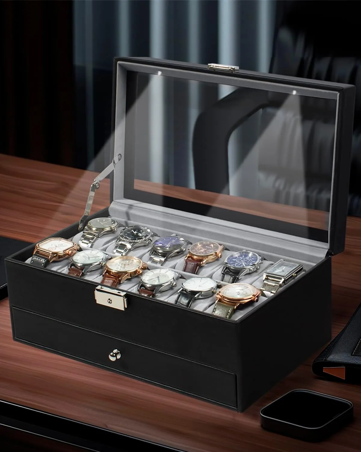 Case Drawer Glass Birthday for Men Women, Child Husband alkali referee ratchet fiord Dad GK-012BKGREY-LED-24 GUKA Watch Box 12 Slot Watch Display Organizer Leather Jewelry 