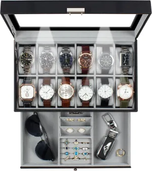 Case Drawer Glass Birthday for Men Women, Child Husband alkali referee ratchet fiord Dad GK-012BKGREY-LED-24 GUKA Watch Box 12 Slot Watch Display Organizer Leather Jewelry 