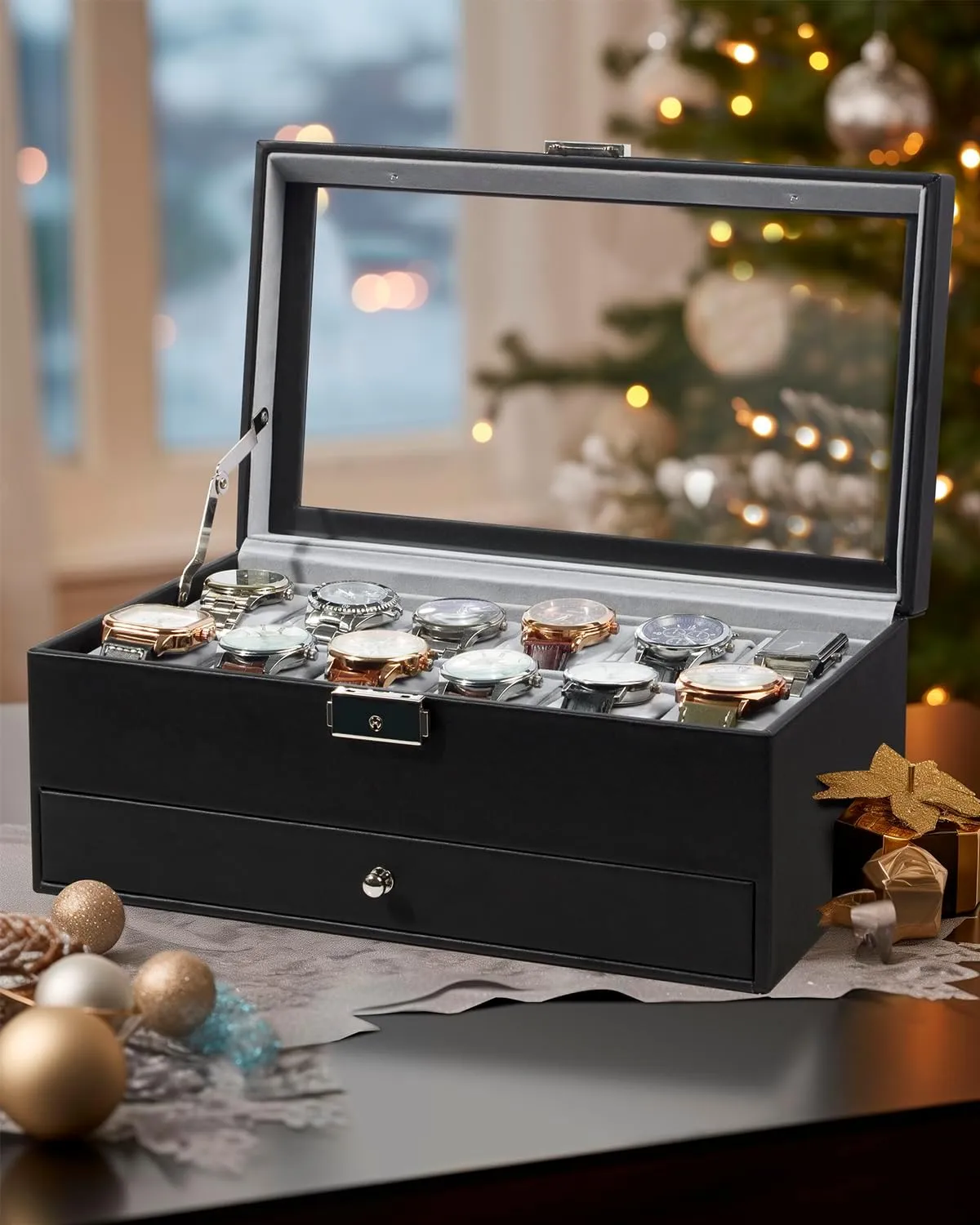 Case Drawer Glass Birthday for Men Women, Child Husband alkali referee ratchet fiord Dad GK-012BKGREY-LED-24 GUKA Watch Box 12 Slot Watch Display Organizer Leather Jewelry 