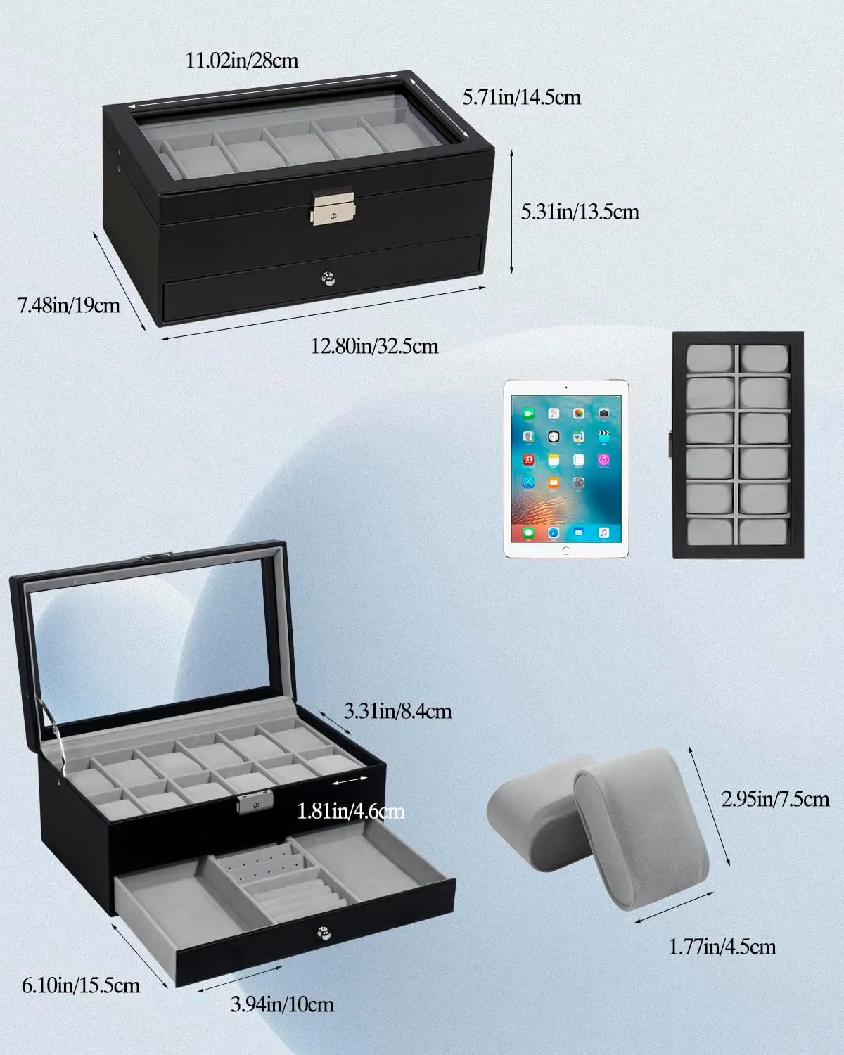 Case Drawer Glass Birthday for Men Women, Child Husband alkali referee ratchet fiord Dad GK-012BKGREY-LED-24 GUKA Watch Box 12 Slot Watch Display Organizer Leather Jewelry 