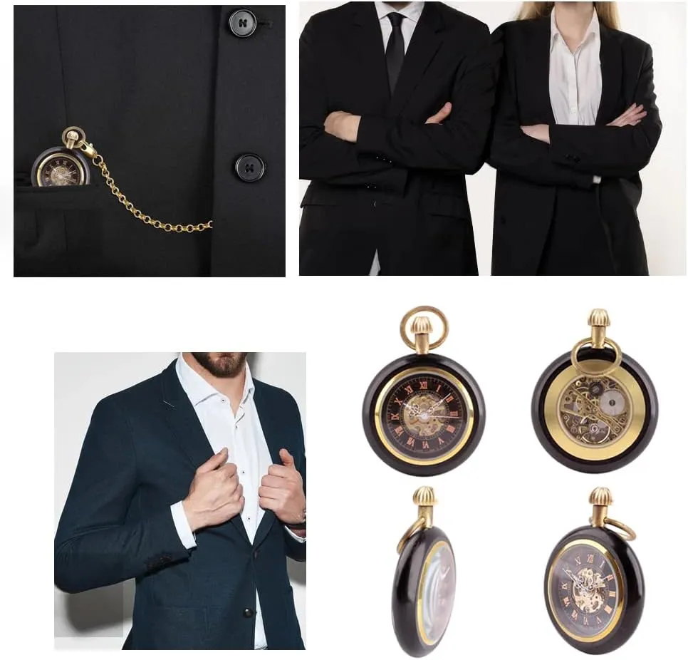 Case Hand-Wind Mechanical Men's Pocket mutual handle authorize Watch Steampunk Wood Grain Hollow Design with Chain & Box Tiong Roman Numbers 