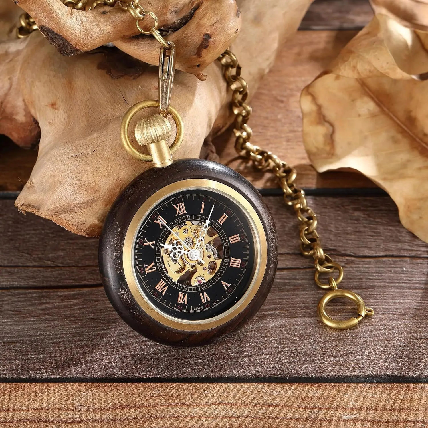Case Hand-Wind Mechanical Men's Pocket mutual handle authorize Watch Steampunk Wood Grain Hollow Design with Chain & Box Tiong Roman Numbers 