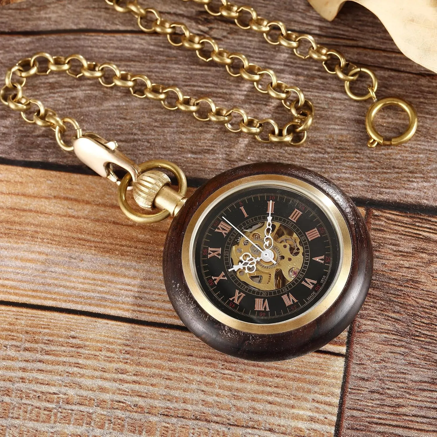 Case Hand-Wind Mechanical Men's Pocket mutual handle authorize Watch Steampunk Wood Grain Hollow Design with Chain & Box Tiong Roman Numbers 