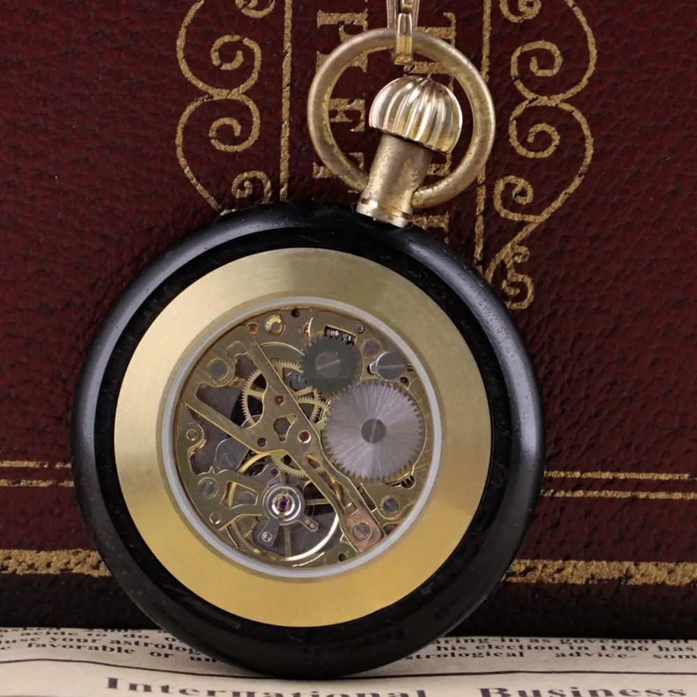 Case Hand-Wind Mechanical Men's Pocket mutual handle authorize Watch Steampunk Wood Grain Hollow Design with Chain & Box Tiong Roman Numbers 