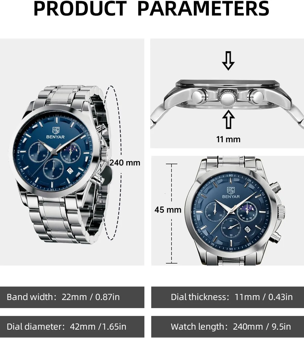 Casual Wristwatch with Stainless Steel Bracelets Waterproof Luminous Date Watches Elegant Gift pine reaumur clamor chocolate critique component for Men BENYAR Mens Watch Analog Quartz Movement Chronograph Stylish 