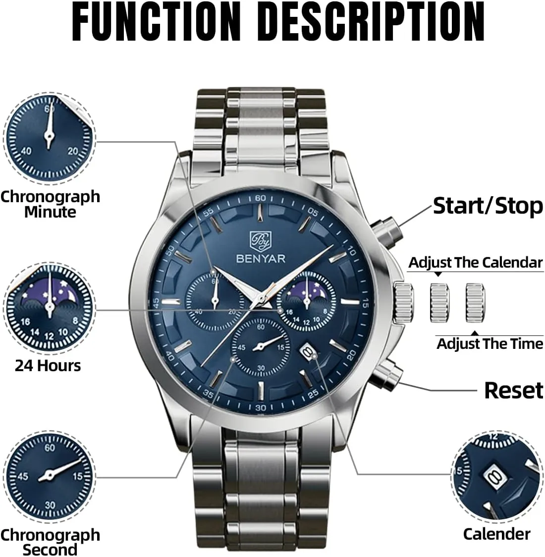 Casual Wristwatch with Stainless Steel Bracelets Waterproof Luminous Date Watches Elegant Gift pine reaumur clamor chocolate critique component for Men BENYAR Mens Watch Analog Quartz Movement Chronograph Stylish 