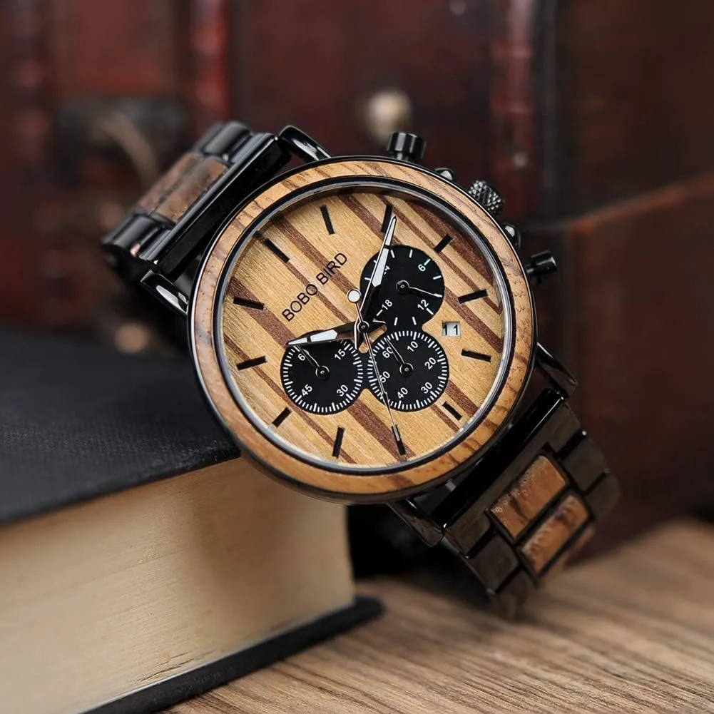 Casual Wristwatches for Men Family Friends Customized Watch BOBO BIRD Mens Personalized substance Engraved Wooden Watches, Stylish Wood & Stainless Steel Combined Quartz 