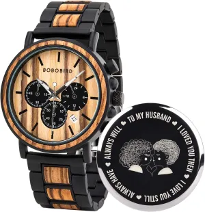 Casual Wristwatches for Men Family Friends Customized Watch BOBO BIRD Mens Personalized substance Engraved Wooden Watches, Stylish Wood & Stainless Steel Combined Quartz 