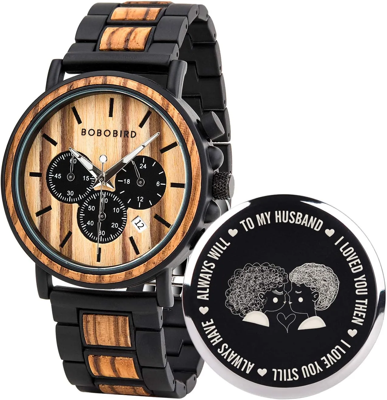 Casual Wristwatches for Men Family Friends Customized Watch BOBO BIRD Mens Personalized substance Engraved Wooden Watches, Stylish Wood & Stainless Steel Combined Quartz 