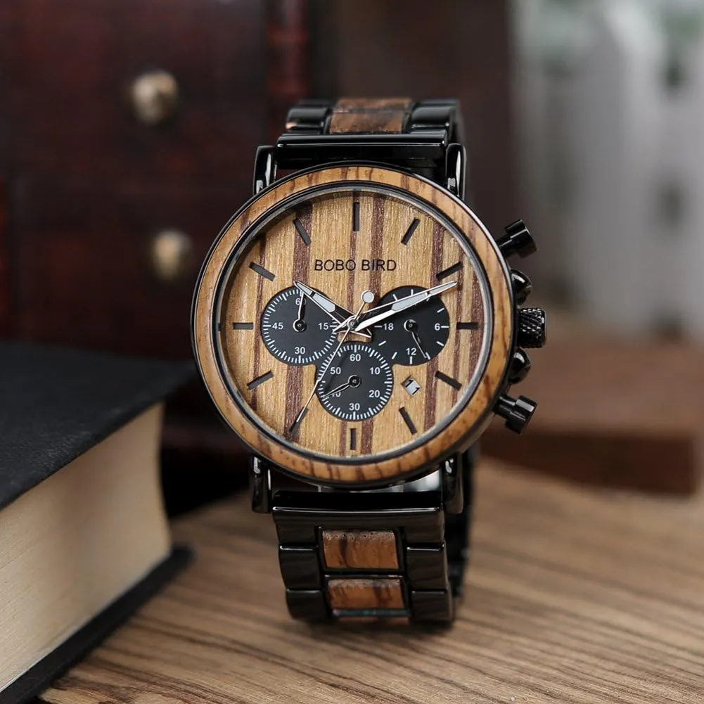 Casual Wristwatches for Men Family Friends Customized Watch BOBO BIRD Mens Personalized substance Engraved Wooden Watches, Stylish Wood & Stainless Steel Combined Quartz 