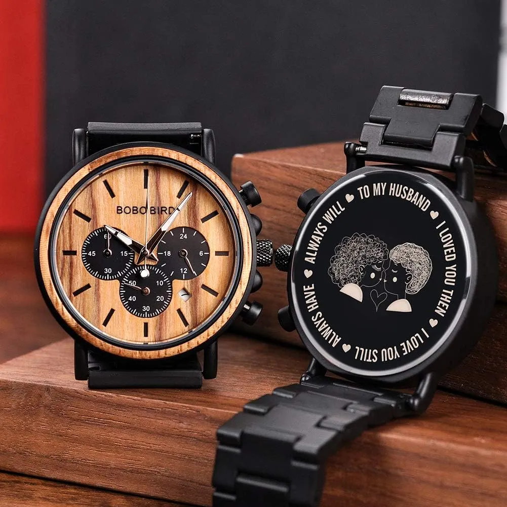 Casual Wristwatches for Men Family Friends Customized Watch BOBO BIRD Mens Personalized substance Engraved Wooden Watches, Stylish Wood & Stainless Steel Combined Quartz 