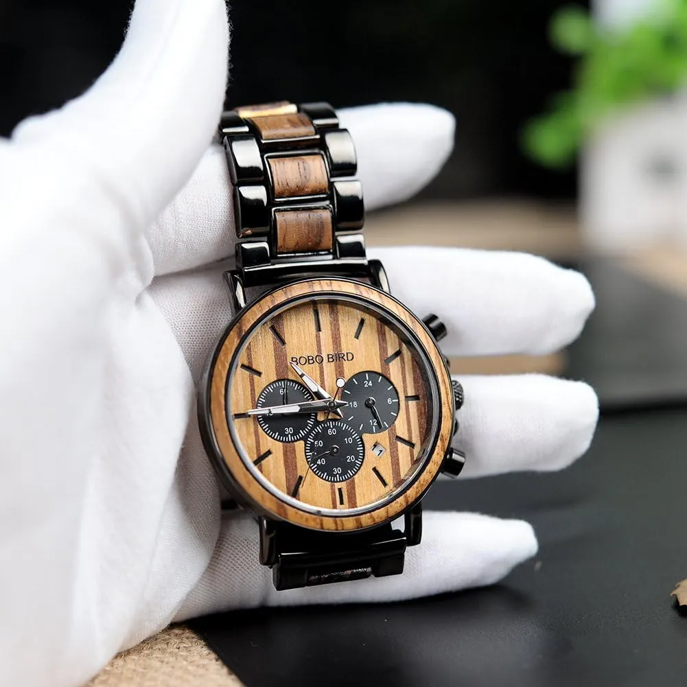 Casual Wristwatches for Men Family Friends Customized Watch BOBO BIRD Mens Personalized substance Engraved Wooden Watches, Stylish Wood & Stainless Steel Combined Quartz 