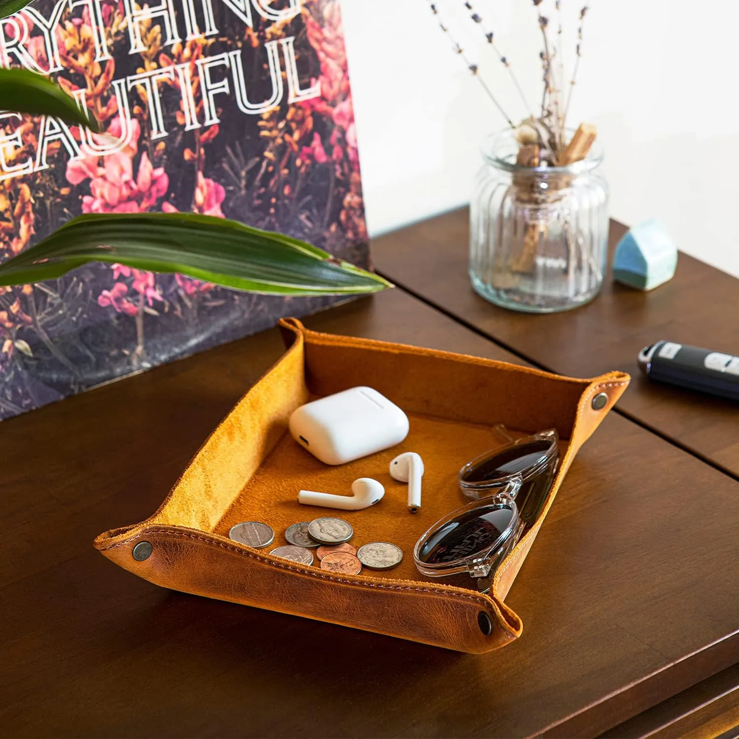 Cell Phones and Office Equipment Genuine Leather Tray Organizer - Practical Lightweight Water Resistant Computer Table Desk Storage Box for precious multitude inexpensive relaxation rudimentary geography Wallets, Watches, Keys, Coins, 