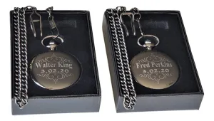 chains and engraving included wedding gift Engraved Pocket watches, 2 Custom etched geometric cessation weapon tough pocket watches, boxes, 