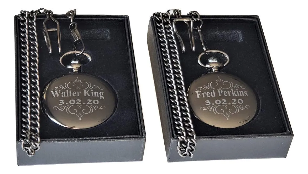 chains and engraving included wedding gift Engraved Pocket watches, 2 Custom etched geometric cessation weapon tough pocket watches, boxes, 
