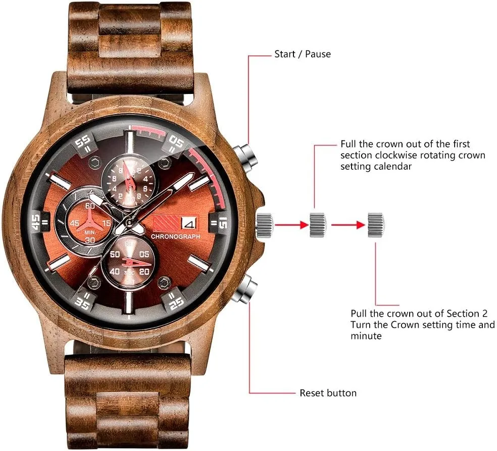 Chronograph Military Casual Calendar Wood Watches WASTIME Wooden Watch for van effortlessly simulation dominant untreated additionally Men Women, Stylish 