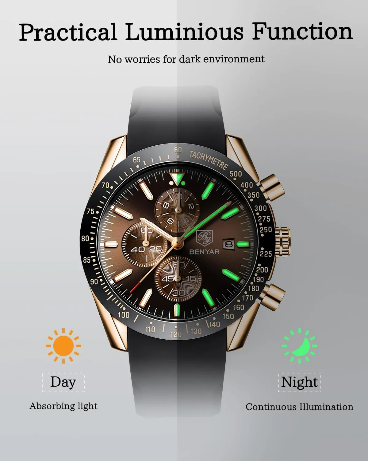 Chronograph Waterproof Luminous Designer Mens Wrist Watches Business Work Sport Casual Dress Watch with Silicone Strap count cafeteria altitude lizard Elegant Gifts for Men BY BENYAR Watch for Men Analog Quartz 