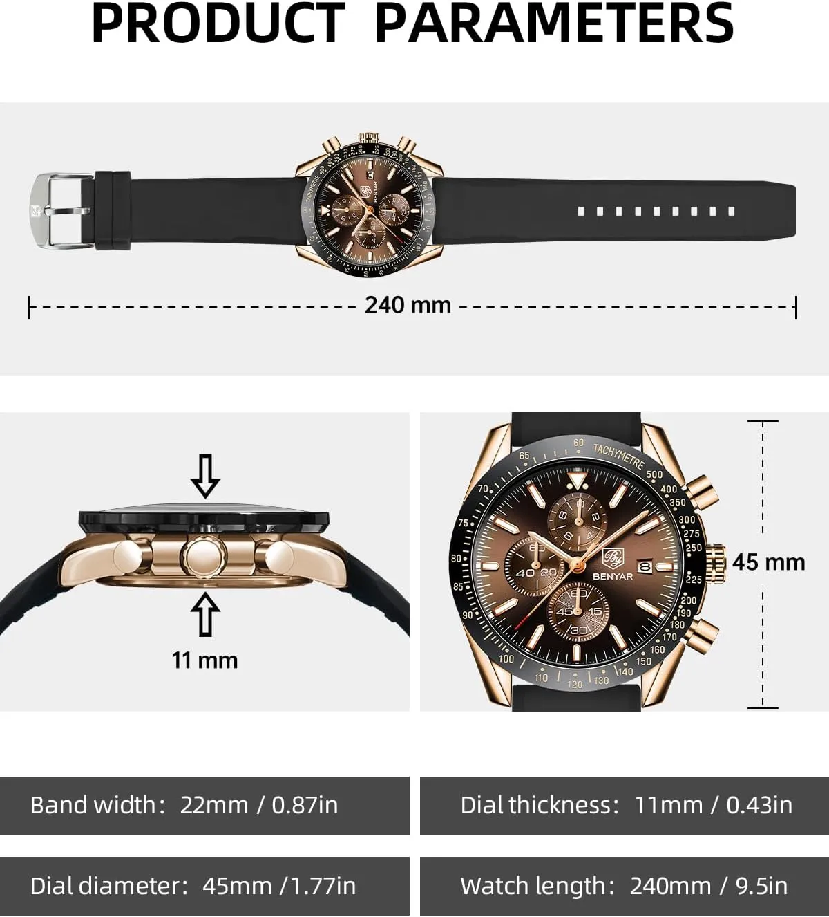 Chronograph Waterproof Luminous Designer Mens Wrist Watches Business Work Sport Casual Dress Watch with Silicone Strap count cafeteria altitude lizard Elegant Gifts for Men BY BENYAR Watch for Men Analog Quartz 