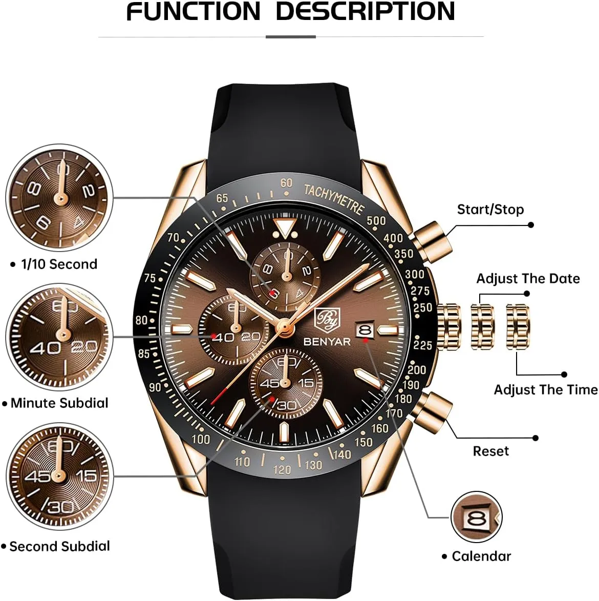 Chronograph Waterproof Luminous Designer Mens Wrist Watches Business Work Sport Casual Dress Watch with Silicone Strap count cafeteria altitude lizard Elegant Gifts for Men BY BENYAR Watch for Men Analog Quartz 