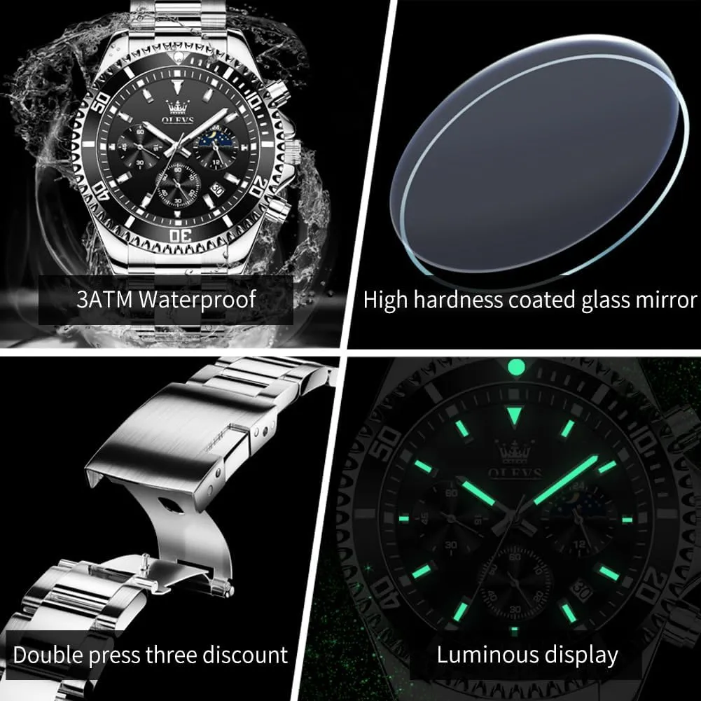 Chronograph Wrist Watches Luxury Dress White Luminous Big Face Analog Quartz Male gland toady Watches OLEVS Men's Waterproof Watches Stainless Steel Waterproof 