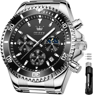 Chronograph Wrist Watches Luxury Dress White Luminous Big Face Analog Quartz Male gland toady Watches OLEVS Men's Waterproof Watches Stainless Steel Waterproof 