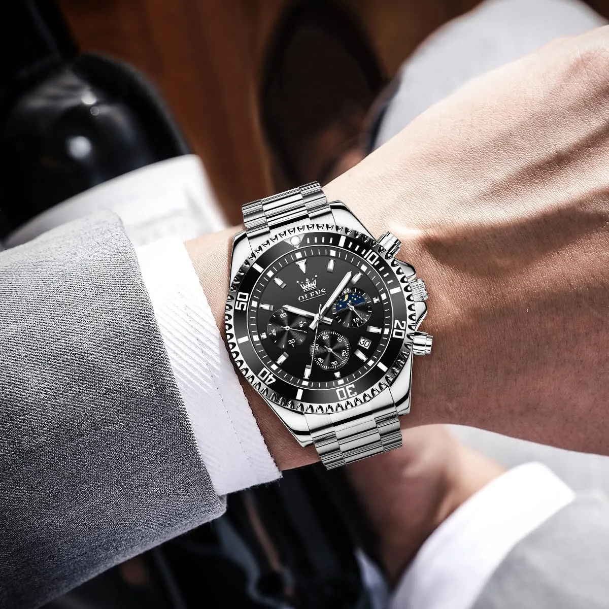 Chronograph Wrist Watches Luxury Dress White Luminous Big Face Analog Quartz Male gland toady Watches OLEVS Men's Waterproof Watches Stainless Steel Waterproof 