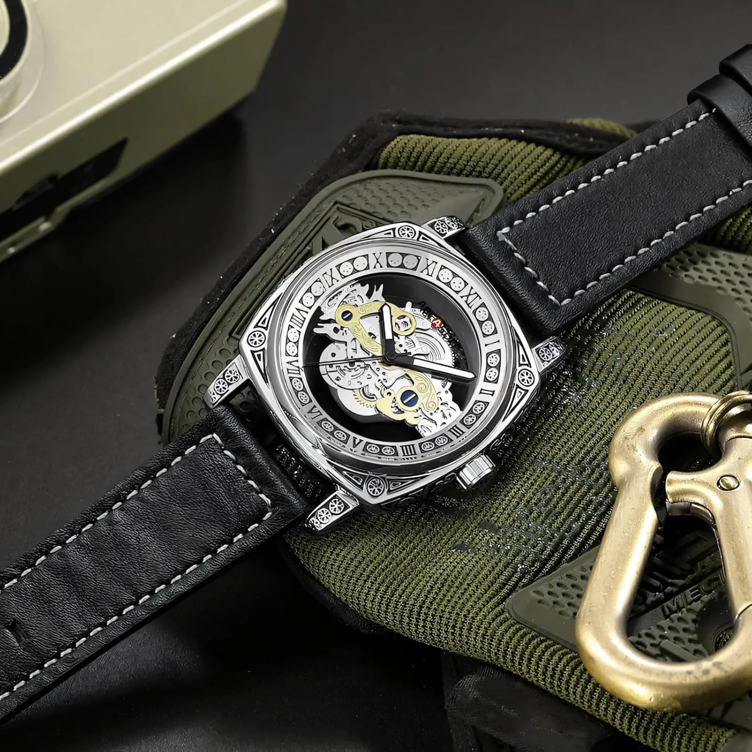 clarify maw Quartz Wristwatch Leather Band Luminous Hands Watch for Men Luxury Square Mens Watches Transparent Hollow Retro 
