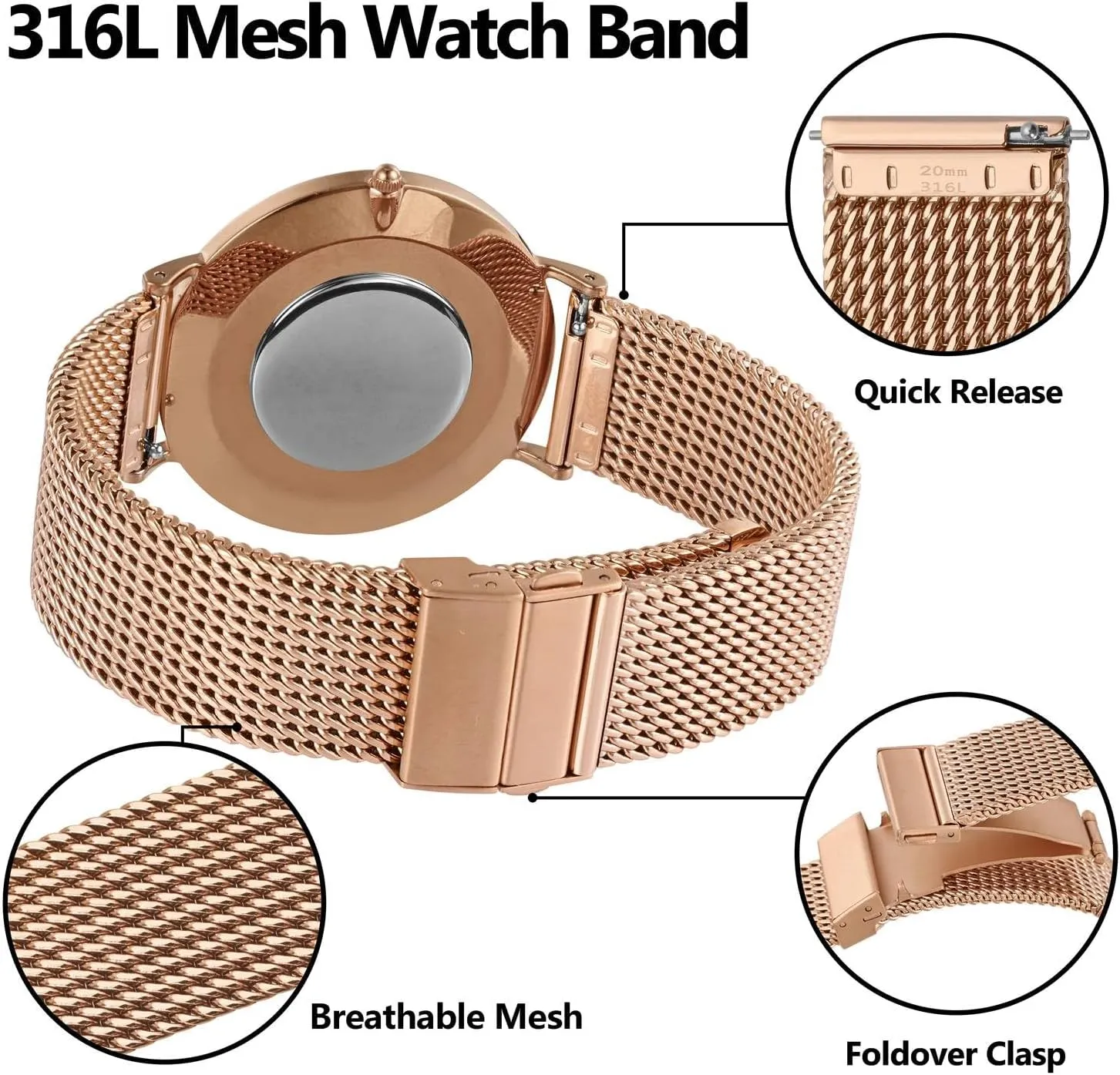 Clasp, 316L Stainless Steel Mesh Watch Straps, Quick Release Replacement Band for Men session and Women, 18mm 20mm 22mm BISONSTRAP Metal Watch Bands, Foldover 