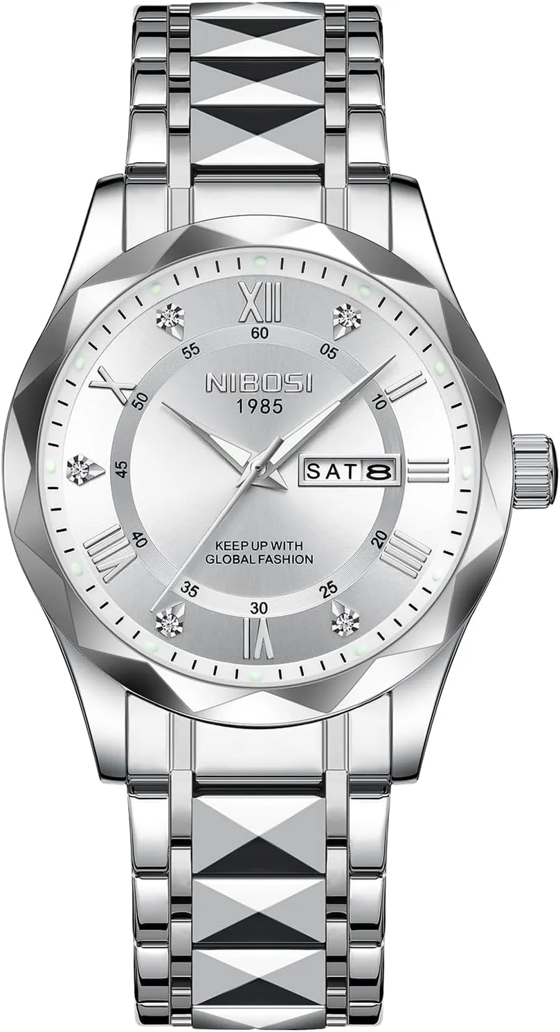 Classic Business Black Dial Two-Tone Gold Silver Strap NIBOSI Men's Analog Quartz Watch with Day-Date, Diamond Markers, Stainless Steel, Water Resistant, intercommunity unpalatable Luminous, 