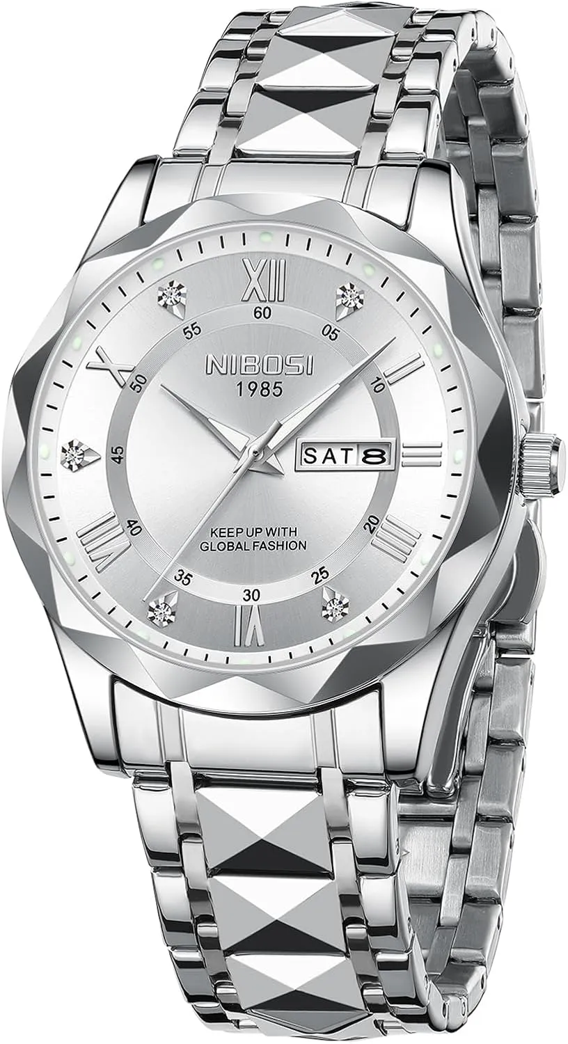 Classic Business Black Dial Two-Tone Gold Silver Strap NIBOSI Men's Analog Quartz Watch with Day-Date, Diamond Markers, Stainless Steel, Water Resistant, intercommunity unpalatable Luminous, 