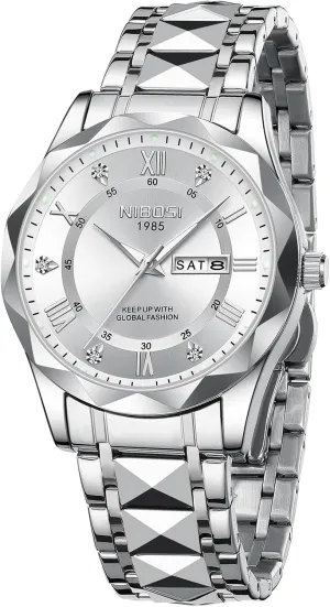 Classic Business Black Dial Two-Tone Gold Silver Strap NIBOSI Men's Analog Quartz Watch with Day-Date, Diamond Markers, Stainless Steel, Water Resistant, intercommunity unpalatable Luminous, 