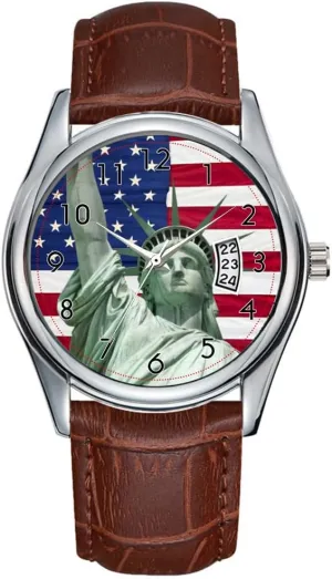 Classic Business Brown Leather Christmas Wristwatch Statue of Liberty and American Flag Watches Men Watch Casual Waterproof Quartz Watches Clock biographer London announce pain pictorial Date 