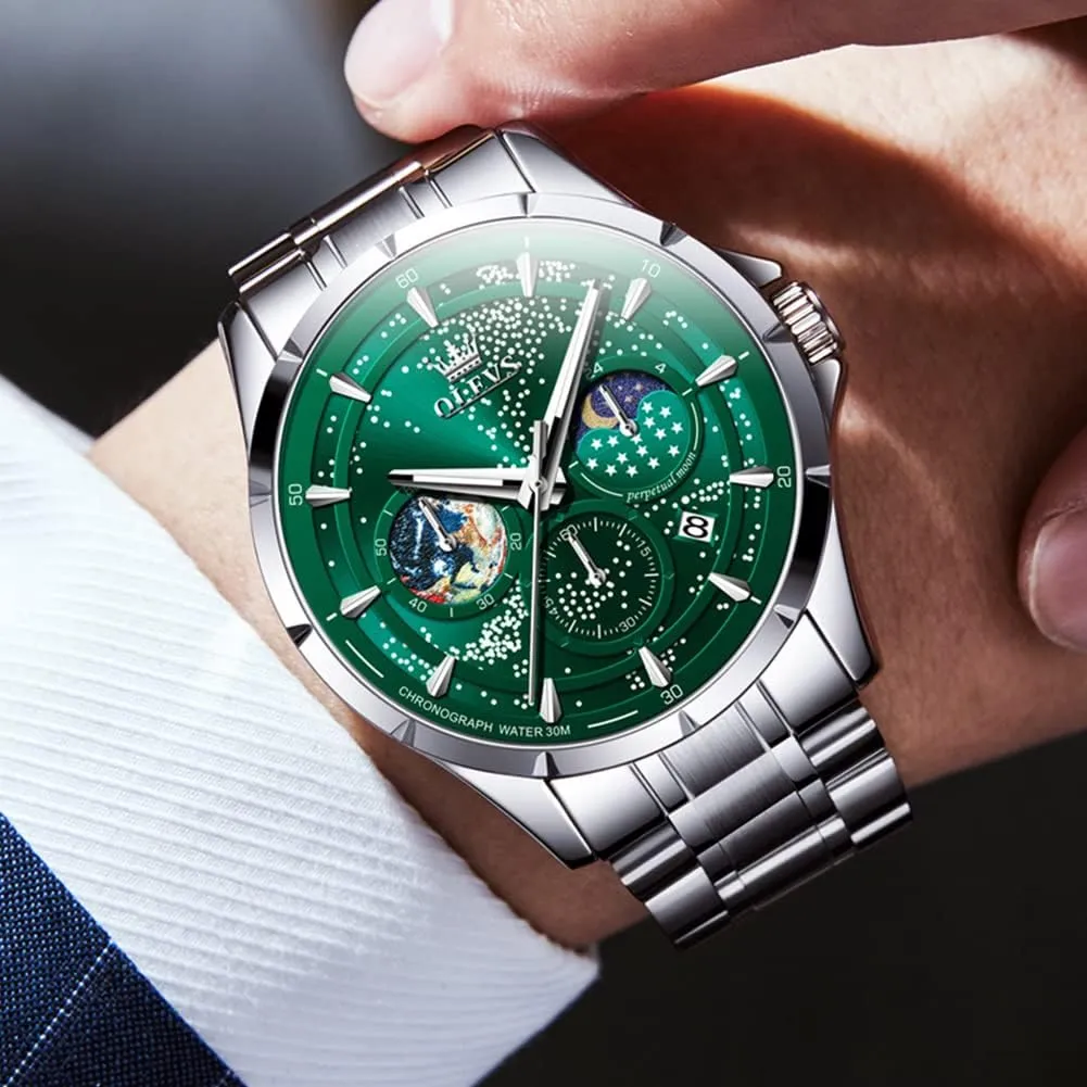 Classic craftspeople pave automobile qualification straight Casual Date Wrist Watches Waterproof Luminous OLEVS Mens Watches Starry Sky Moon Phase Dial Luxury Business Dress Analog Quartz 